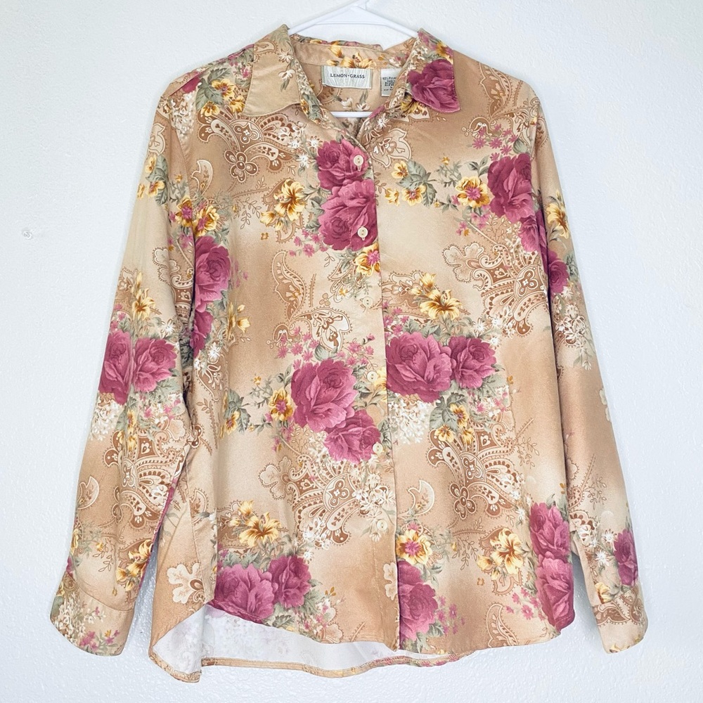 🍓 Lemon Grass Faux Suede Floral Cottagecore Western Boho Buttoned Top Large